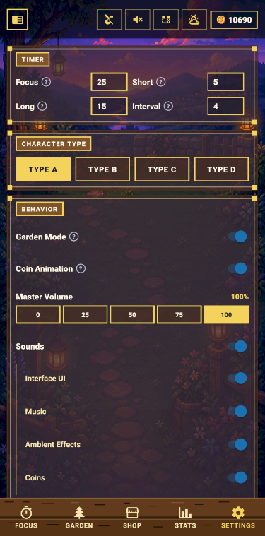 Focus Garden settings screen