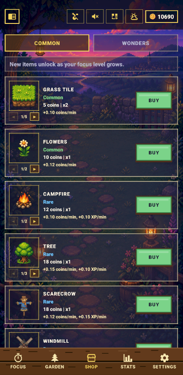Focus Garden shop interface